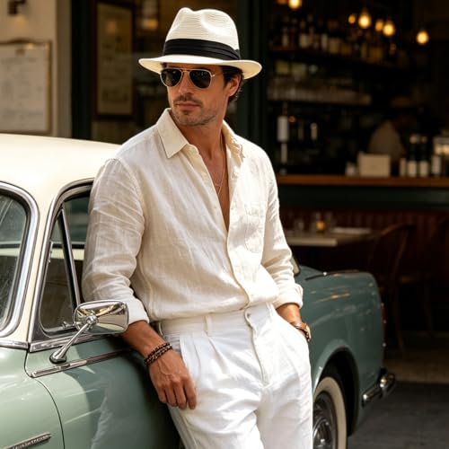 Straw Fedora Hat for Women Men Short Brim Panama Hats Derby Trilby Hats Breathable Packable Summer Beach Sun Hat - color: White Black