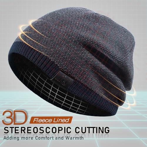 Fleece Lined Mens Beanie Scarf Set Thick Knit Winter Hat Neck Warmer Unisex - color: Navy Blue