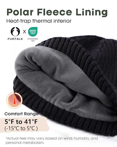 FURTALK Double Layer Winter Hats for Men Women Beanie Cuffed Warm Ski Hats - color: Black
