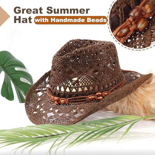 AQOKKA Straw Cowboy Hats for Women Men Western Cowgirl Hats with Shapeable Brim Woven Hollow Out Unisex Beach Roll Up Caps - color: Brown Beads Cowboy Hat : Coffee
