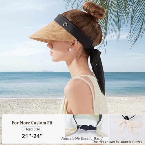 Women's Sun Visor Hats Wide Brim Straw Beach Hat Ponytail Hats for Women Foldable Floppy - color: 1pack-khaki Ribbon