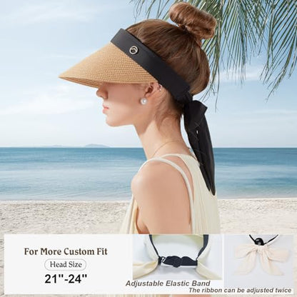 Women's Sun Visor Hats Wide Brim Straw Beach Hat Ponytail Hats for Women Foldable Floppy - color: 1pack-khaki Ribbon