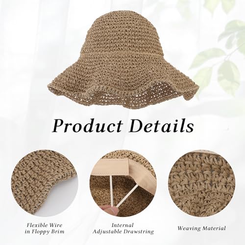 Womens Wide Brim Straw Sun Hat, Floppy Summer Straw Beach Hats, Foldable Crochet Summer Travel Beach Sun Cap - color: Khaki