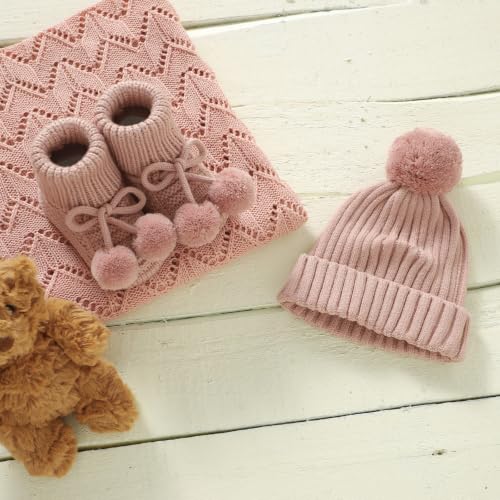 Baby Hats and Booties Set Newborn Knit Pompom Beanie Caps Shoes Winter - color: Pink