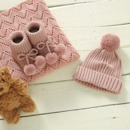 Baby Hats and Booties Set Newborn Knit Pompom Beanie Caps Shoes Winter - color: Pink