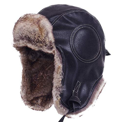 Janey&Rubbins Russian Hat Fur Soviet Ushanka Cossack Winter Cap Earflap Snow Ski Headwear - color: A - Black/Leather, size: Large