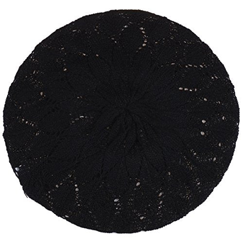 BYOS Chic Parisian Style Soft Lightweight Crochet Cutout Knit Beret Beanie Hat - color: 2-pack Leafy Beige & Black