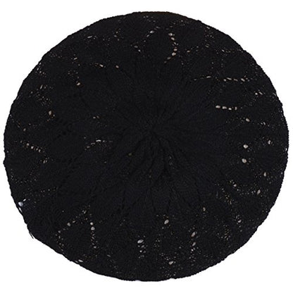 BYOS Chic Parisian Style Soft Lightweight Crochet Cutout Knit Beret Beanie Hat - color: 2-pack Leafy White & Black