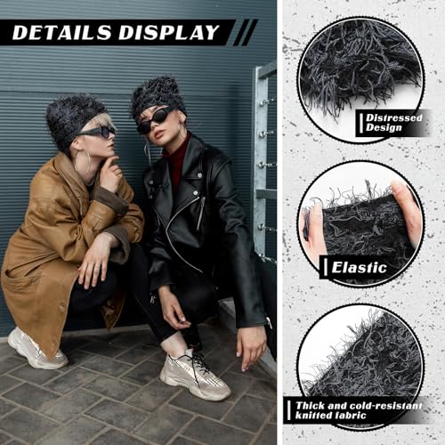 Chuarry Distressed Knitted Beanie Fuzzy Winter Hat - color: Black and Gray