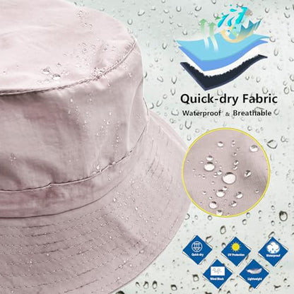 woogwin Waterproof Bucket Rain Hat with Chin Strap Quick Dry Packable Boonie Sun Hat Safari Hat UV Protection - color: Light Pink