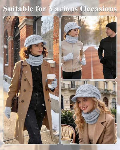 Loritta 3 in 1 Womens Winter Hat Gloves Scarf Set, Warm Hat Mittens - color: Grey