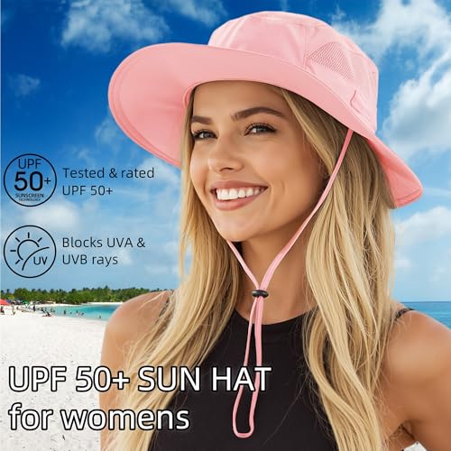 Connectyle Women's UPF 50+ Sun Hat UV Protection Wide Brim Bucket Hat Summer Beach Hats Fishing Hiking Outdoor Safari Hats - color: Pink