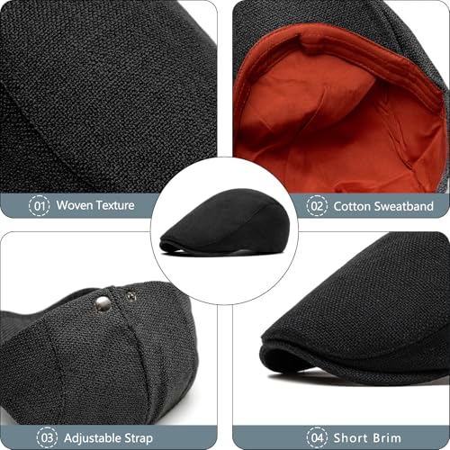 meioro Men's Faux Linen Newsboy Cap Adjustable Woven Texture Flat Cap Gatsby Hat Cabbie Ivy Newsboy Hats Driving Fishing Hat - color: Black