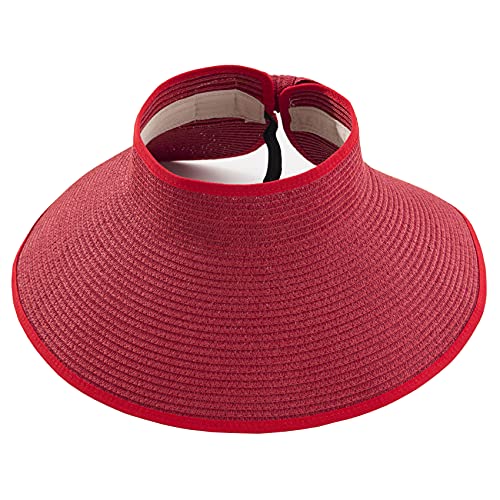 Womens Foldable Straw Sun Visor, Packable Roll‑Up Beach Hat with Wide Brim - color: Red