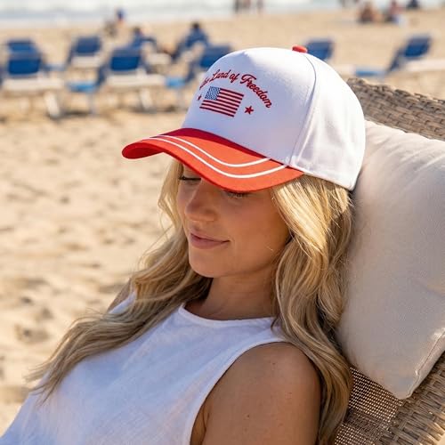 D&Y Retro 2-Tone Canvas Baseball Cap for Women - Funny Embroidered Distressed Snapback, Adjustable Cotton Dad Hat - color: The Land of Freedom-red