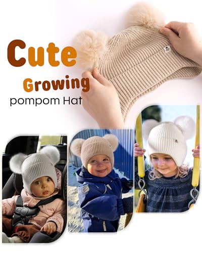 FURTALK Baby Winter Hat Pom Pom Beanie with Fleece Lined Toddler Warm Cap - color: White+light Khaki, size: 2-6 Years