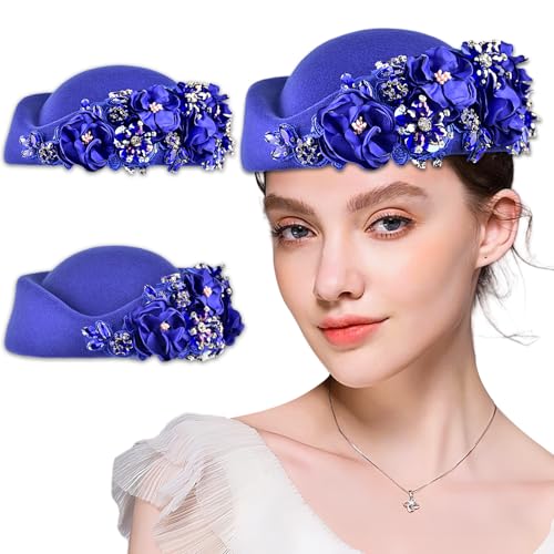 Women's Retro Stewardess Felt Hat, British Berets, Rhinestone Flower Decor, Ladies' Church Derby Hat - color: Blue