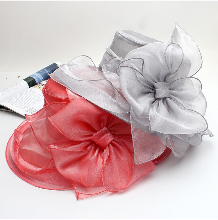 Z&X Organza Church Fascinator Wedding Tea Party Derby Hats for Women Flower Wide Brim Sun Hats - color: 037 Grey