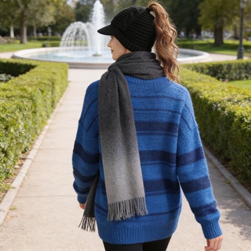 Women's BeanieTail Warm Knit Hat Messy High Bun Ponytail Visor Beanie Cap - color: B340-grey, size: Medium