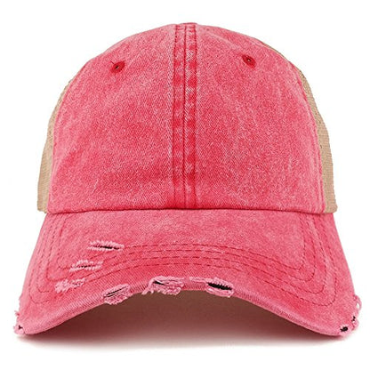 Trendy Apparel Shop Pigment Dyed Front Mesh Back Frayed Bill Trucker Cap - color: Red