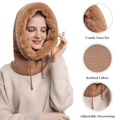 HUAMULAN Women Cable Knit Balaclavas Winter Fleece Lined Beanie Hat - color: Brown