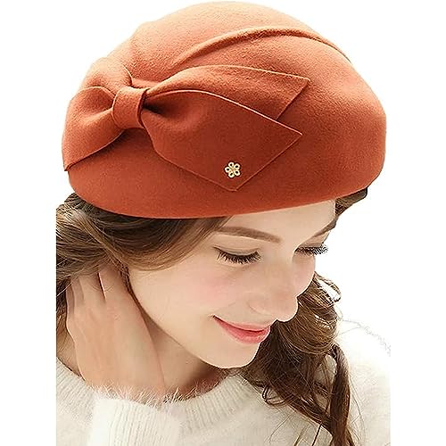 Women Vintage Bowknot Berets with Beading Autumn Winter French Artist Hat Painter Hats Female Bowler Hat Warm Cap - color: Orange