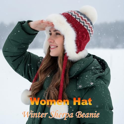 Women Winter Sherpa Beanie Hats Knit Ear Flap Hat Fleece Lined - color: Patterned Wine Red