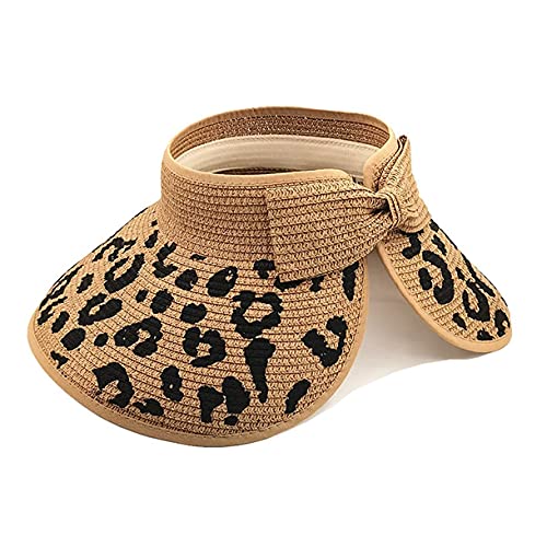Women Sun Visors Wide Brim Foldable Packable Ponytail Beach Hat Straw Leopard Roll Up Bow Visor Sun Hats - color: Leopard