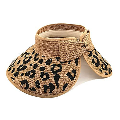 Women Sun Visors Wide Brim Foldable Packable Ponytail Beach Hat Straw Leopard Roll Up Bow Visor Sun Hats - color: Leopard