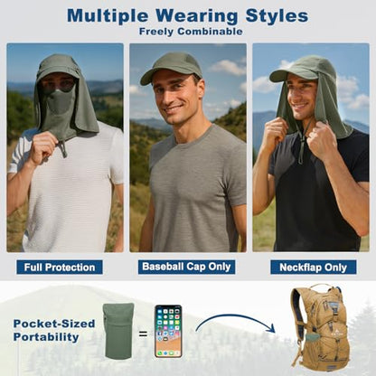 Surblue Baseball Sun Cap with Removable Neck Flap and Face Mask UPF 50+ - color: B-army Green, size: Medium