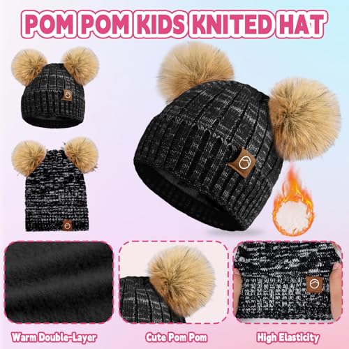 Kids Winter Hat Gloves Scarf Set Girls, Children Beanies Hats with Pom Pom - color: Black Mix