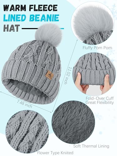 Winter Hat Scarf Gloves Set, Fleece Lined Cable Knit Pompom Hat Women Gift - color: Light Gray