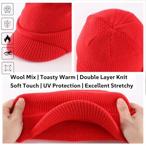 Home Prefer Mens Wool Blend Winter Hat Double-Layer Warm Knit Pre-Curve Visor Beanie Brimmed Beanies Hat for Men Women - color: Red