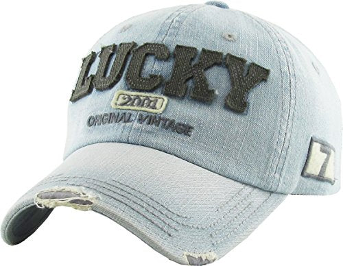 Fashion Vintage Distressed Washed Assorted Baseball Cap Dad Hat Adjustable Unisex - color: .Light Denim Lucky
