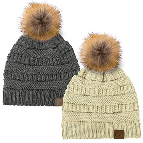 C.C Hat-43 Thick Warm Cap Hat Skully Faux Fur Pom Pom Cable Knit Beanie 2 Pack - color: Beige/Dk Melange