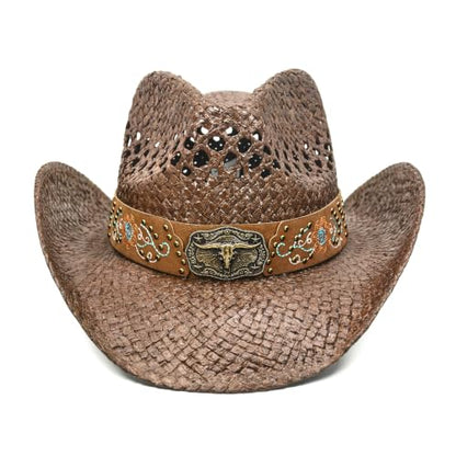 Keilin Cowboy Hats for Women and Men - Straw Teardrop Western Cowgirl Cowboy Sun Hat for Teens and Adults - color: Brown Studs Longhorn Skull