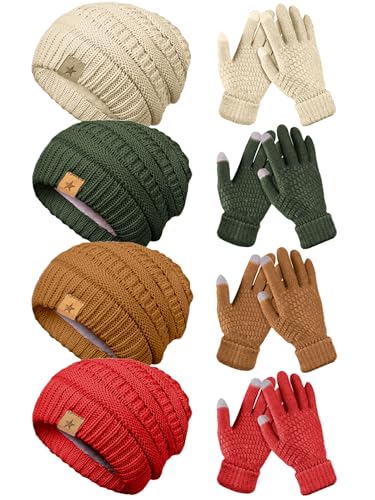 JaGely 8 Pieces Women Winter Hats and Gloves Set Women Warm Touchscreen Knitted Lined Gloves Winter Beanies - color: Army Green, Caramel,beige,red