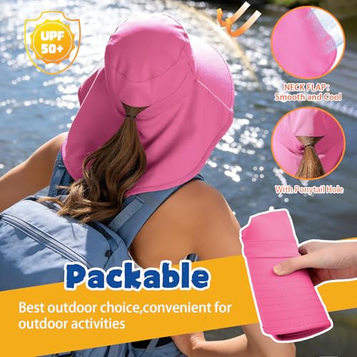 Ruqizhi Sun Hats for Women with Neck Flap Ponytail Hole Women Sun Hats Rollable UV Protection Fishing Hats Wide Brim UPF 50+ - color: Rose