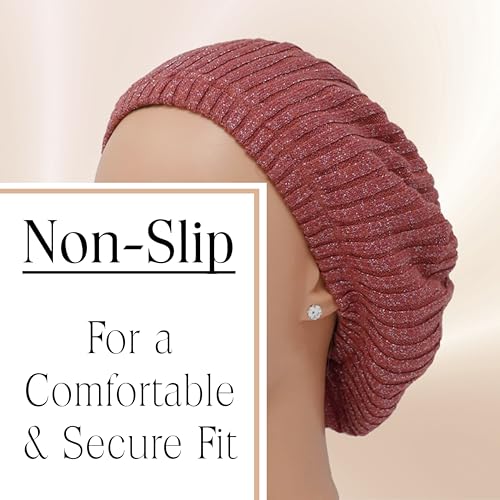 Hair Snood, Knit Slouchy Beret Beanie Lightweight, Jewish Head Coverings for Women, Cancer Headwear for Women Chemo Sleep Hat - color: Canyon Rose Thin Ribbed