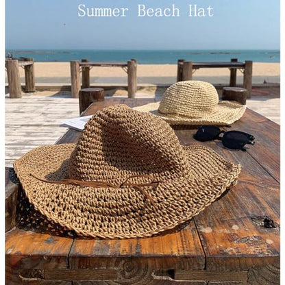 Women Straw Sun Hat Summer Beach Hats Foldable Floppy Cap Wide Brim Bucket Hat Solid Handmade Sun Protection Caps - color: Khakia