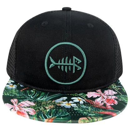 BASSDASH Flat Brim Trucker Cap Adjustable Snapback Hat Mesh Back for Men Women - color: Black/Tropical Flower