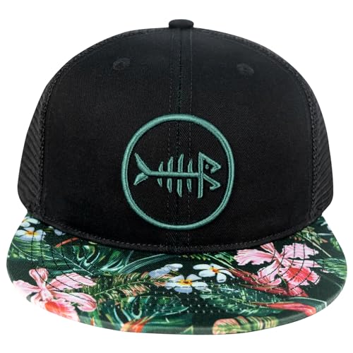 BASSDASH Flat Brim Trucker Cap Adjustable Snapback Hat Mesh Back for Men Women - color: Black/Tropical Flower