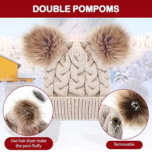 Geyoga 3 Pcs Winter Baby Beanies Double Pompom - color: Black, White, Khaki