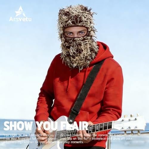 Distressed Ski Mask Balaclava, Yeat Shiesty Knitted Full-Face Mask - color: Coffee