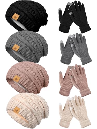 JaGely 8 Pieces Women Winter Hats and Gloves Set Women Warm Touchscreen Knitted Lined Gloves Winter Beanies - color: Black, Dark Gray, Caramel, Beige