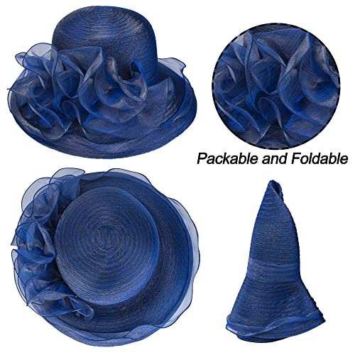 Women's Organza Kentucky Fascinator Hat Cocktail Tea Party Wedding Sun Hat - color: Navy