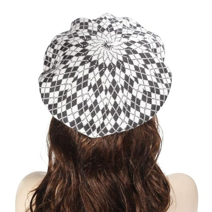 ZLYC Women French Beret Hat Reversible Knit Thickened Warm Artist Cap - color: Checkered White