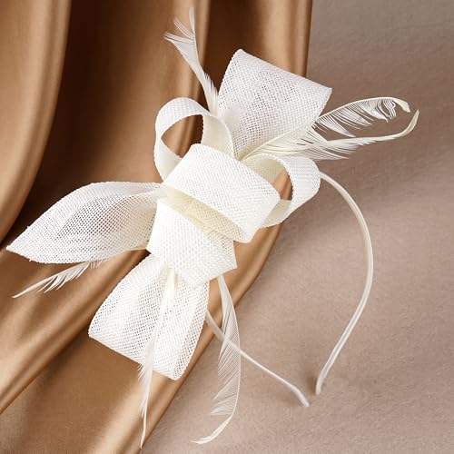 Zinniday Victoria Tea Party Hat - 2025 Bow Derby Attire Hats with Hairpin,1920s 50s Feather Fascinators for Women - color: Beige