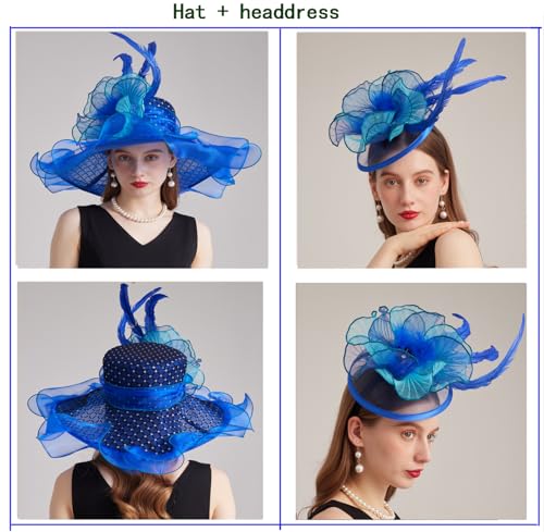 ORIDOOR Women Organza Fascinator Church Derby Hat Floral Tea Party Wedding Hat - color: B3 Royal Blue