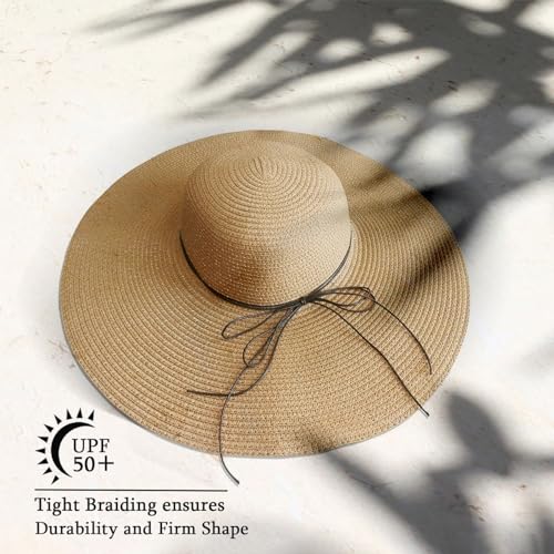 Beach Hats for Women, Straw Sun Hat Floppy Wide Brim, Foldable UPF 50+ UV Protection Summer Hat - color: Khaki